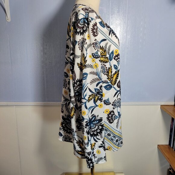 Liz Claiborne Career Extra Large Blue Yellow Floral Round Neck Longsleeve Blouse - Picture 5 of 9